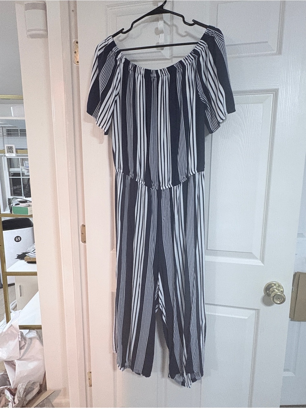 Chesley Navy and White Striped Off-Shoulder Wide-Leg Jumpsuit